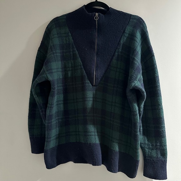 Talbots Sweaters - Talbots Black Watch Plaid Quarter Zip Sweater Green Navy XL Cotton Merino‎ Blend
